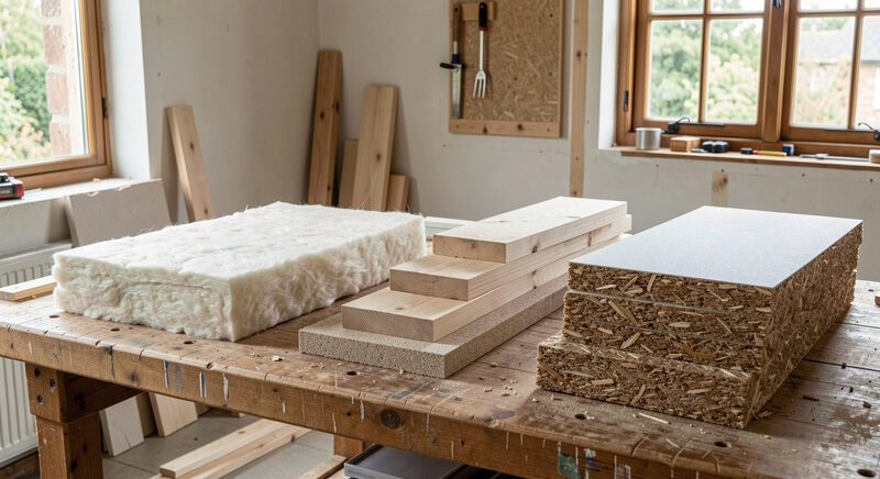 Muster verschiedener Daemmstoffe, Mineralwolle, Holzfasern, Zellulose und Schaum, auf einer Werkbank