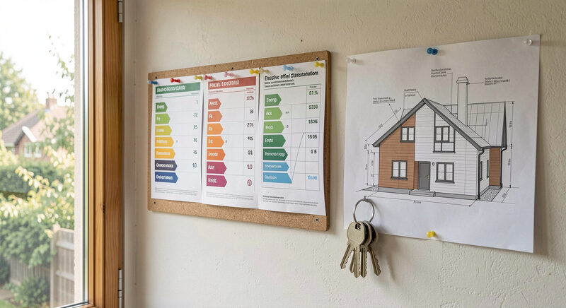 Energieausweis-Diagramme an einer Wand neben einem Hausplan und einem Schluesselbund