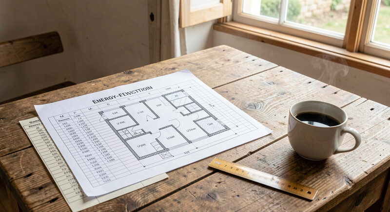 Ein Planungstisch mit einer Tabelle von U-Werten, einem Grundriss, Lineal und Kaffeetasse